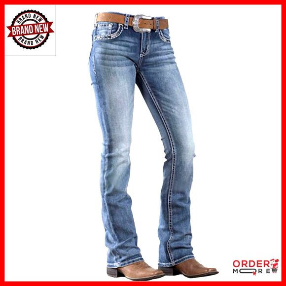 Mid Rise Bootcut Jeans Stretchy Denim Pants Straight Leg 90s Style